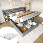 Bedroom Complete Set, Upholstered Hydraulic Storage Double Bed with 2 Bedside Tables, Reading Light, USB Charging, Gray Velvet