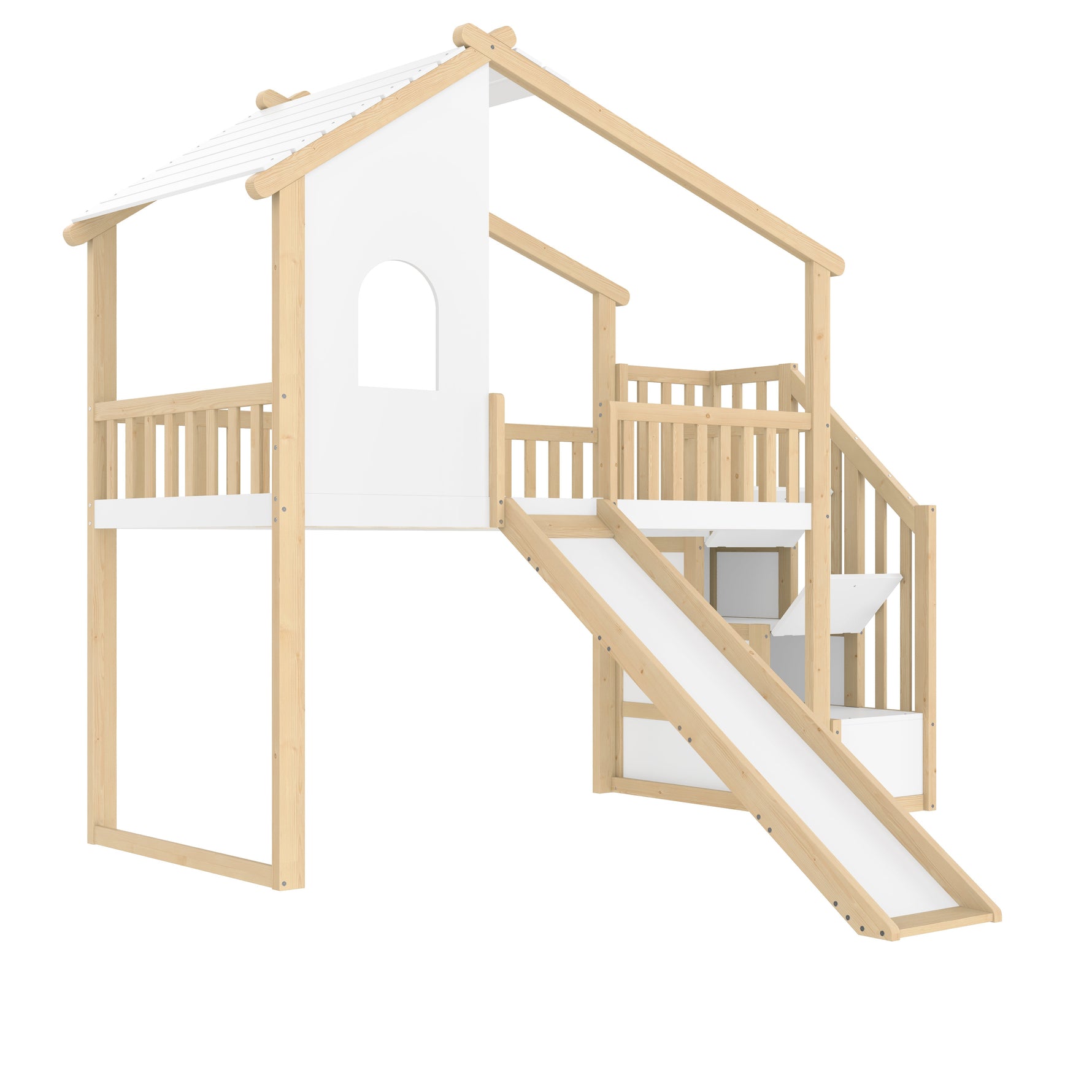 Loft Bed with Storage Ladder, Slide and Window, Natural and White