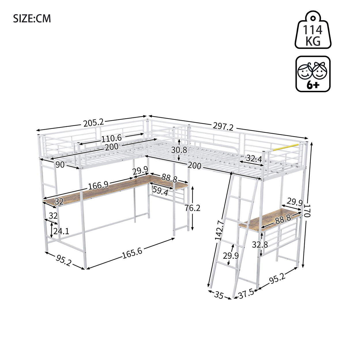 Loft Bed 90x200cm with Desk & Double Staircase, White