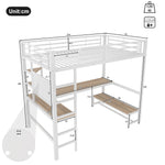 Loft Bed with Desk, USB Sockets, LED Strip and Pegboard, White Metal Frame