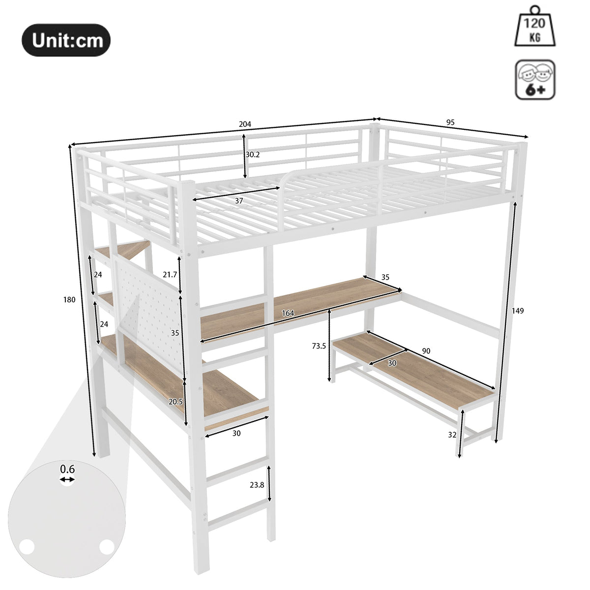Loft Bed with Desk, USB Sockets, LED Strip and Pegboard, White Metal Frame