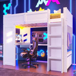 Loft Bed 90x200cm Gaming Bed Desk LED USB/Type-C Drawer Clothes Rack White