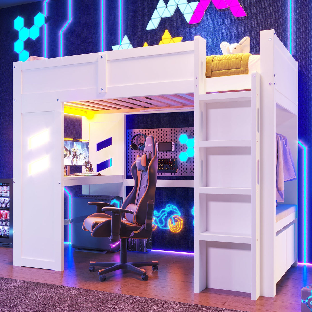 Loft Bed 90x200cm Gaming Bed Desk LED USB/Type-C Drawer Clothes Rack White