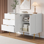 Sideboard, Living Room Cabinet with Doors & Drawers, Interior Shelves, Golden Handles & Legs