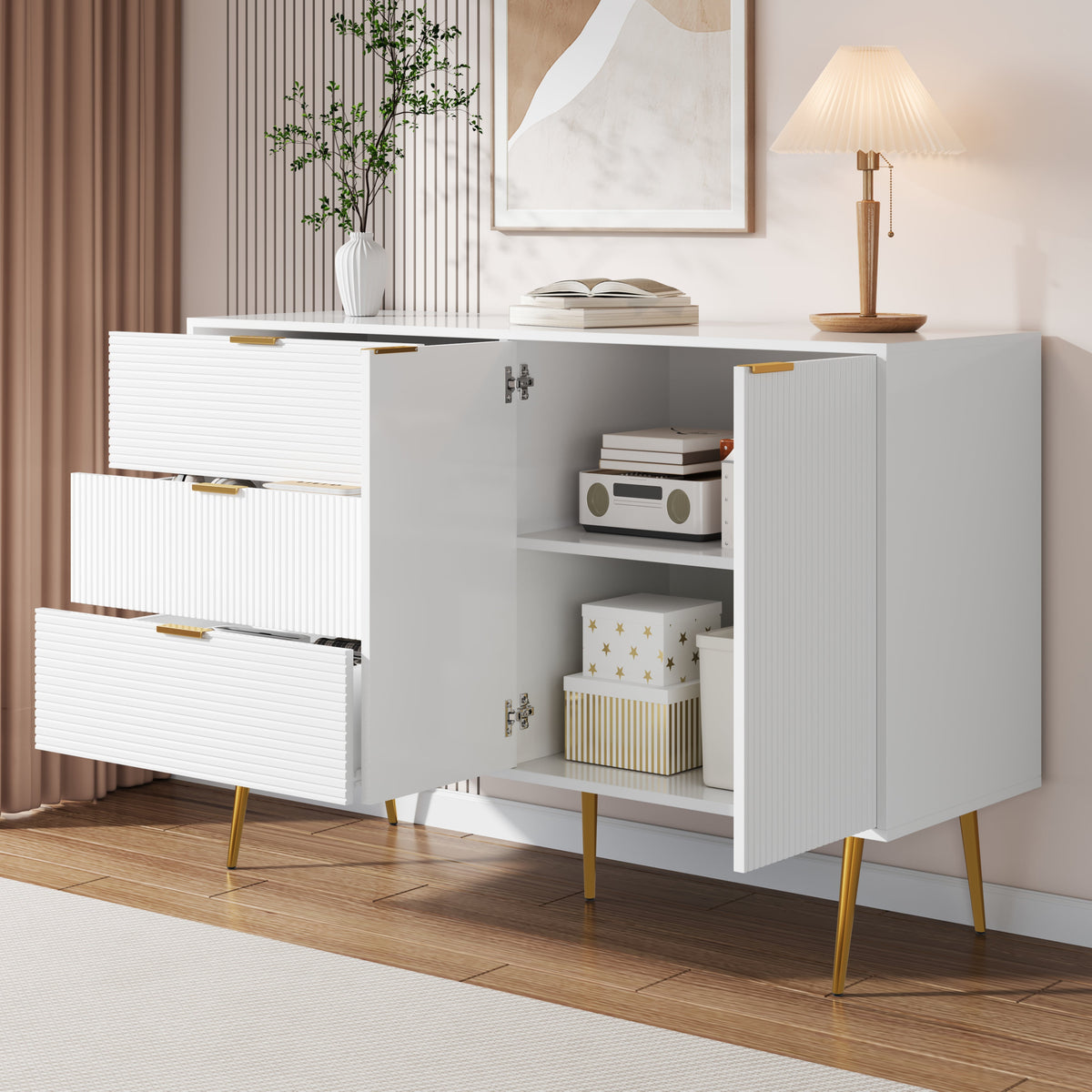 Sideboard, Living Room Cabinet with Doors & Drawers, Interior Shelves, Golden Handles & Legs