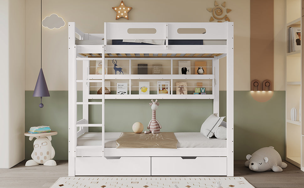 Bunk Bed 90x200 with Drawers & Storage Shelf, White Pine