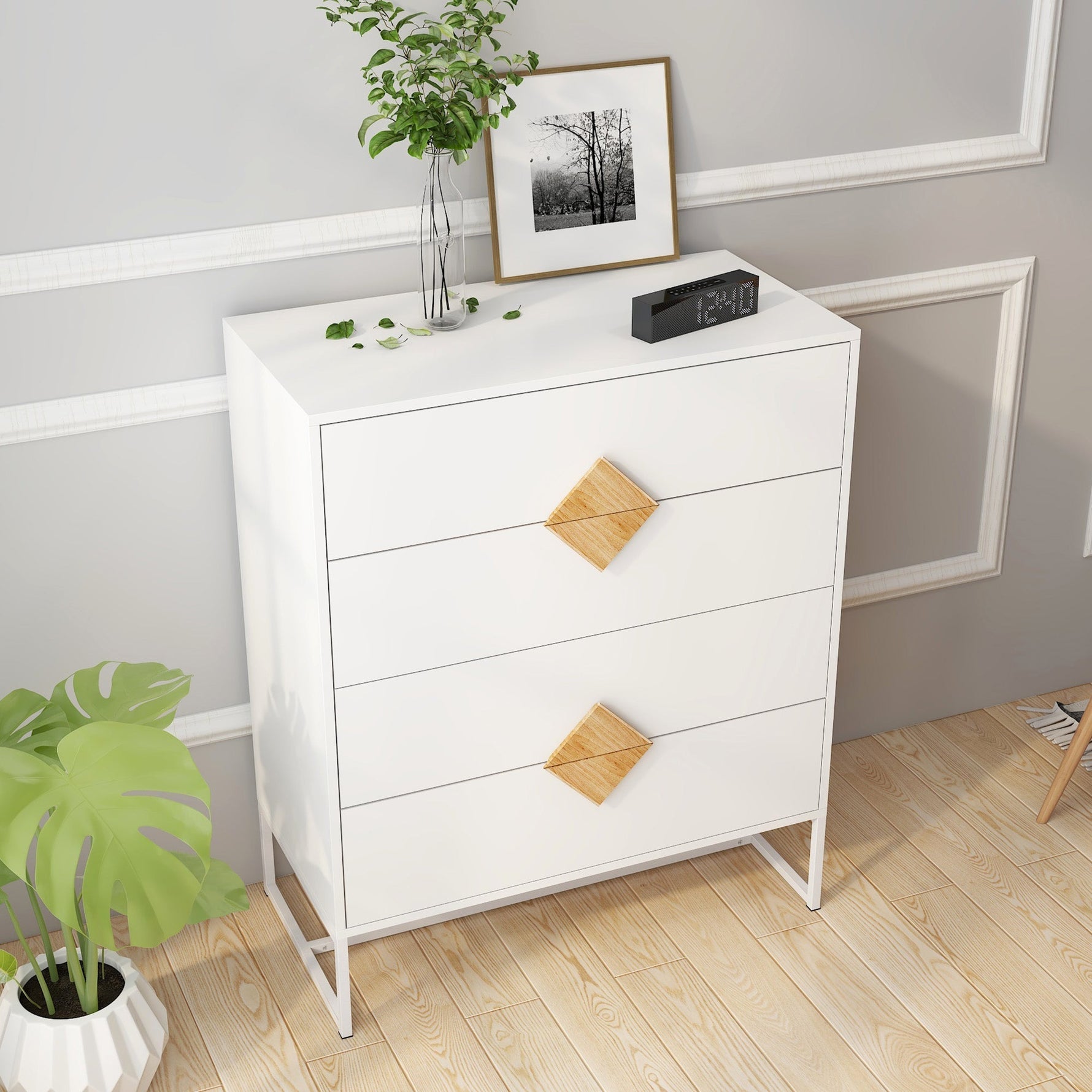 Solid Wood Dresser, 4 Drawers Special Shape Handle, Solid Wood
