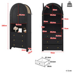 Tall Arched Storage Cabinet with Drawers, Doors & Open Display Area - Black