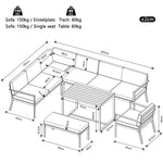 L-Shaped Garden Sofa Set 8-Person Iron Frame Wood Table - Grey Cushions
