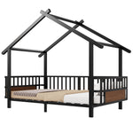 Children's House Bed 90x200cm with Safety Rail & Roof, Black Metal