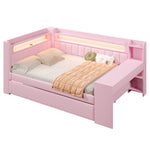 Upholstered Daybed with USB Ports, LED, Pull-out Bed and Desk, 140x200, Pink