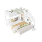 Multifunctional Bunk Bed with Wardrobe and Storage Stairs, 90x200cm and 140x200cm, White Solid Wood and MDF