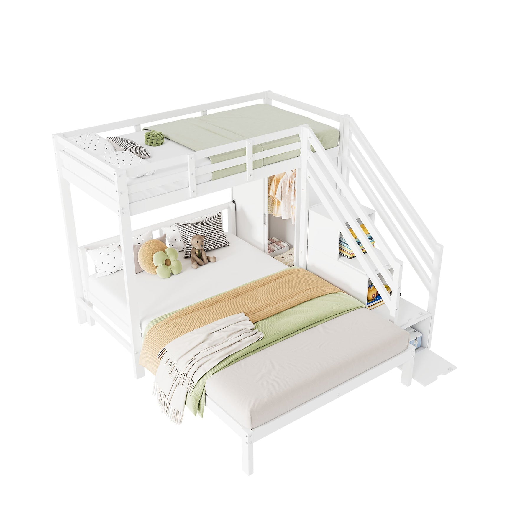 Multifunctional Bunk Bed with Wardrobe and Storage Stairs, 90x200cm and 140x200cm, White Solid Wood and MDF