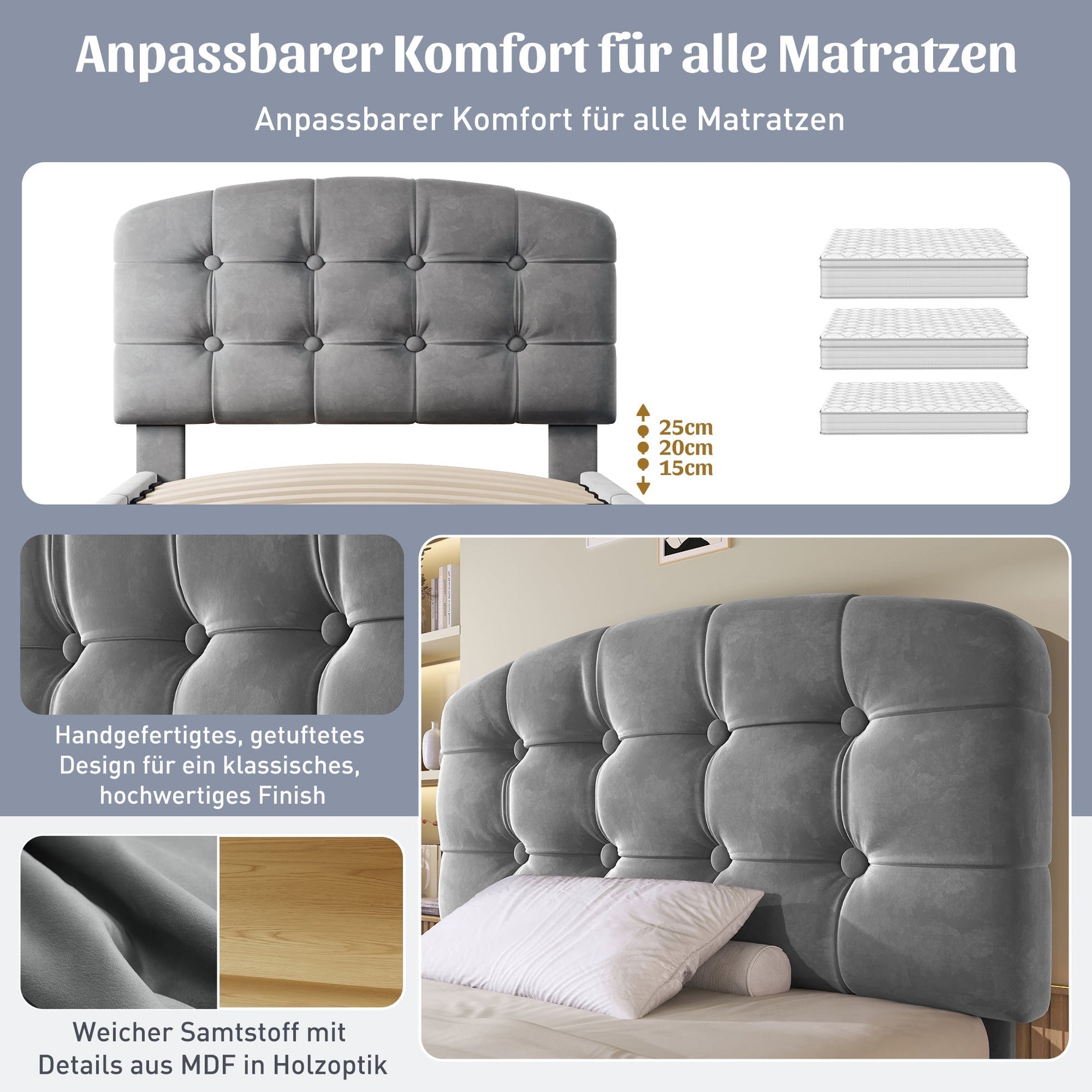 Upholstered Single Bed with Adjustable Headboard, Drawers and Storage, 90x200cm, Grey Velvet