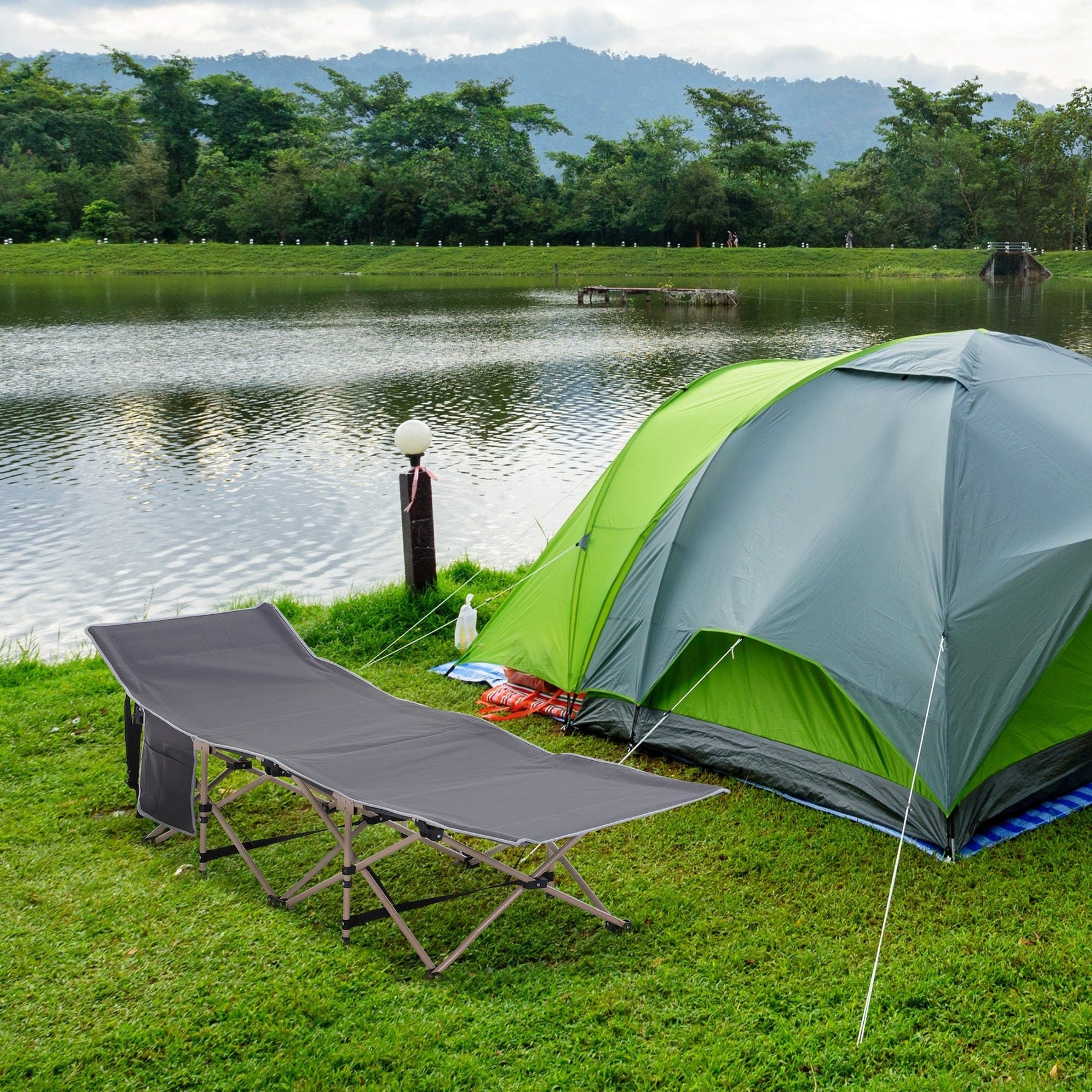 Camp Bed, Foldable Camping Lounger with Carry Bag, Steel Oxford Grey