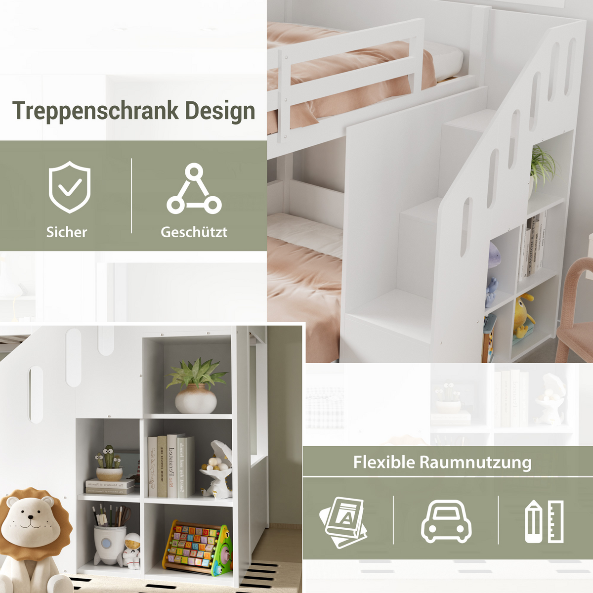 Bunk Bed 90x200cm with Stairs Lockers & Railing - White