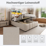 Children's Upholstered Bed 90x200cm LED USB Hydraulic Storage Headboard Shelves - Linen Beige