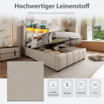 Upholstered Single Bed 90x200 LED USB Storage, Beige Linen