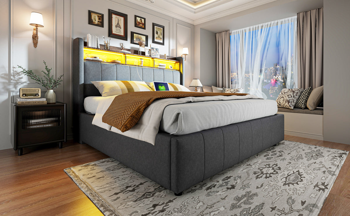 Upholstered Double Bed with USB & LED 180x200cm, Linen