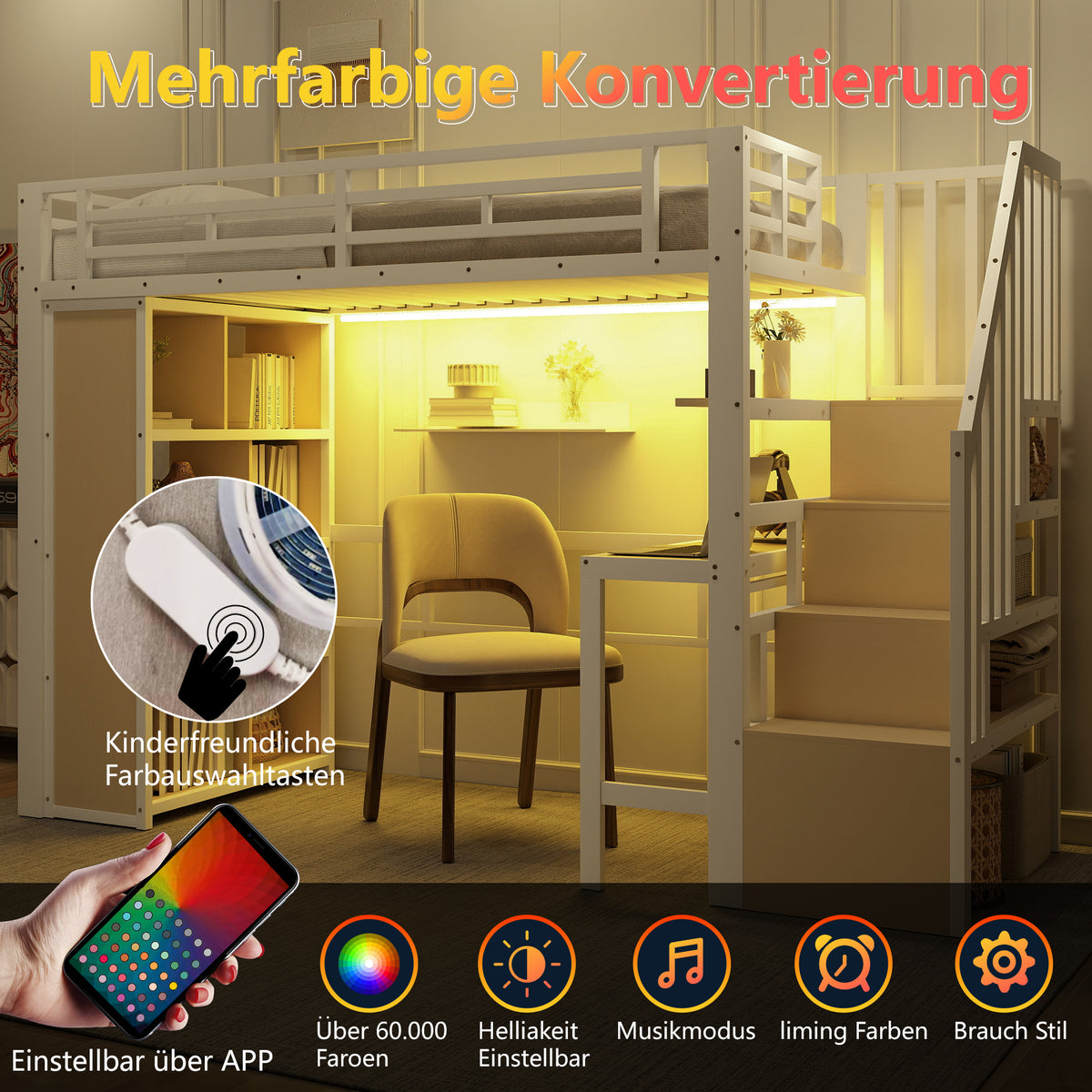 Loft Bed 90x200cm with Desk, Storage & LED Light - White Iron Frame