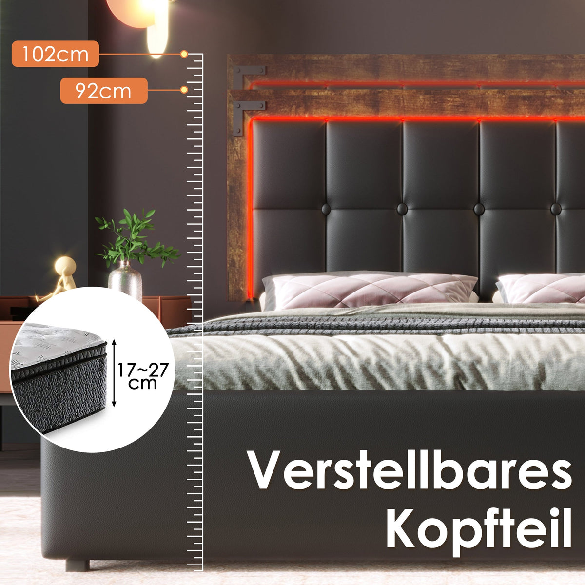 Bed Frame, LED, 4 Drawers, Adjustable Headboard, Black PU