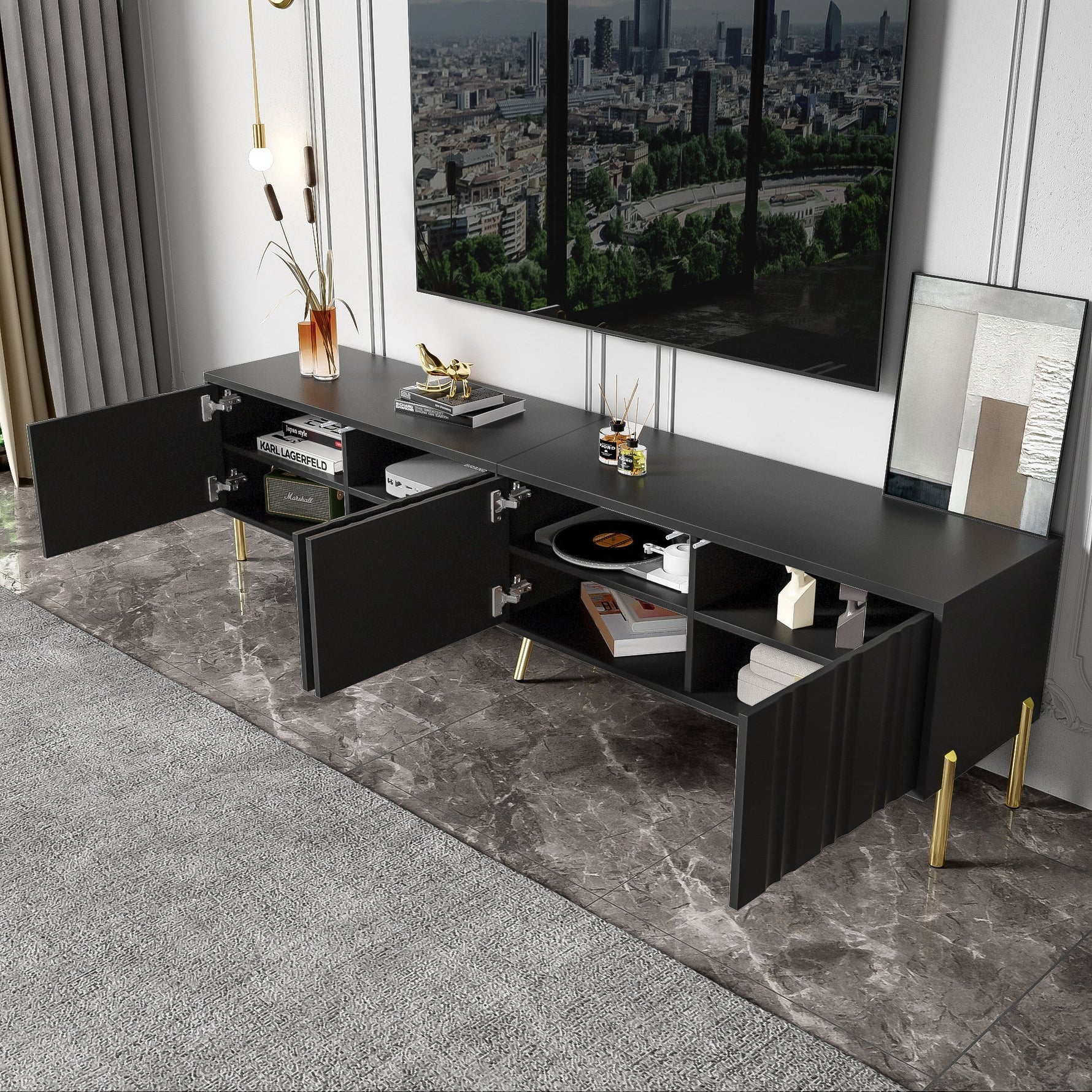 TV Cabinet 190cm Gold Table Legs - Black