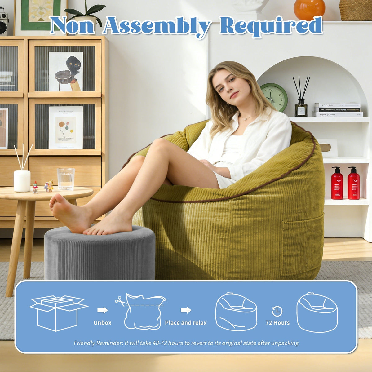 Ergonomic Curved Bean Bag Chair with Storage Pocket and Matching Ottoman, Modern Comfort