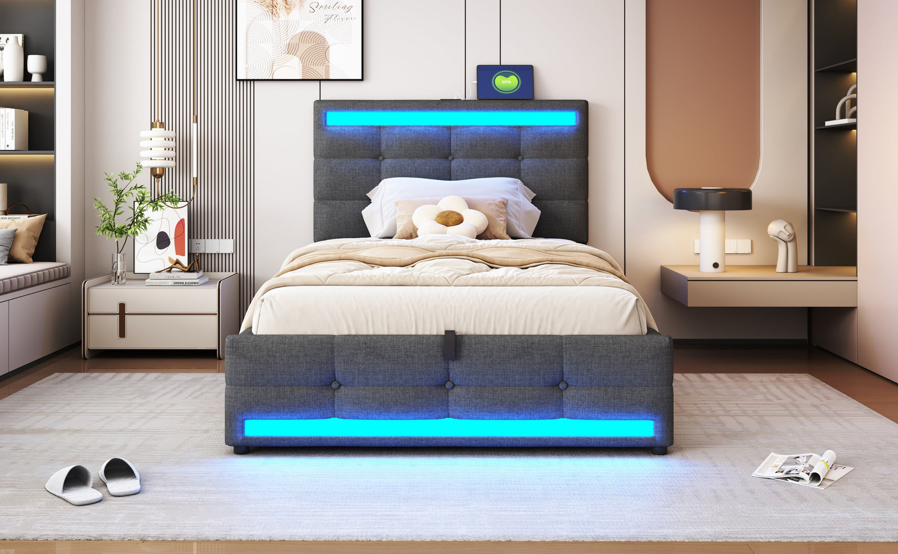 Upholstered Bed 90x200 Hydraulic Storage USB LED Light Strip, Grey Linen Single Bed