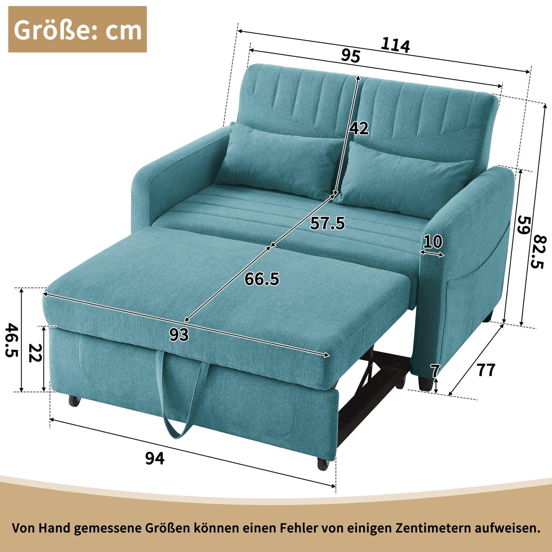 Sofa Bed, Two-Seater Folding Extendable, Three-Level Adjustable Backrest, Cotton Linen Fabric