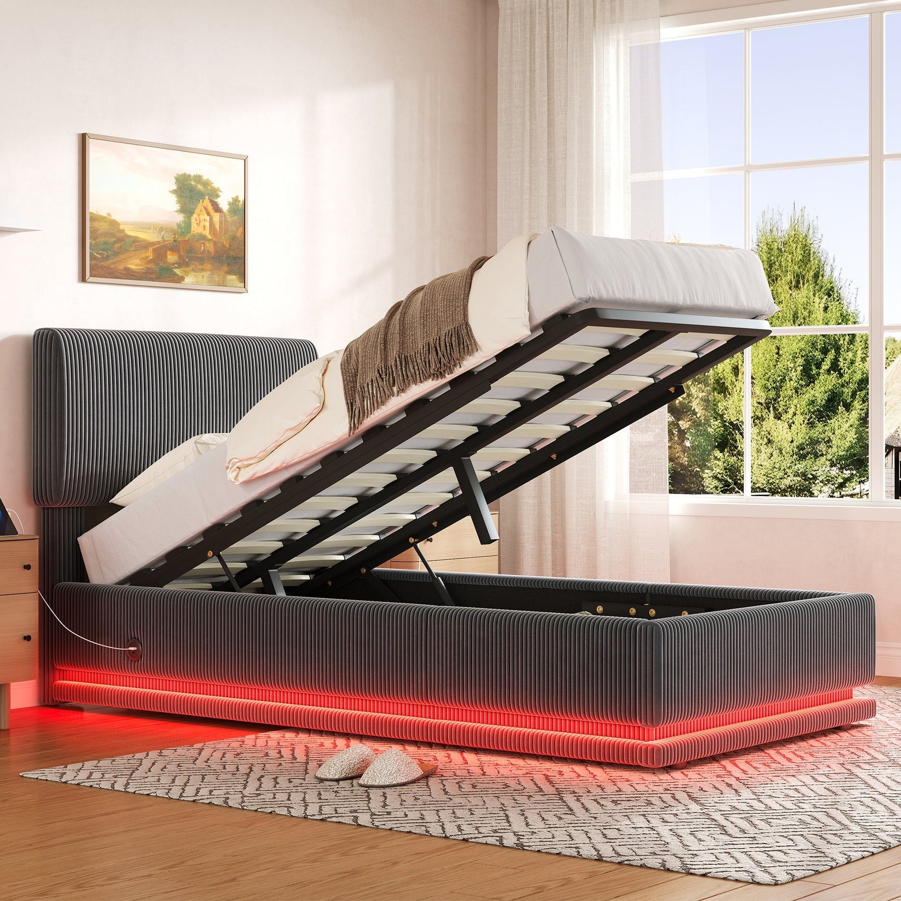 Modern Upholstered Bed with LED, USB-C Charging and Storage, 90x200, Gray Corduroy