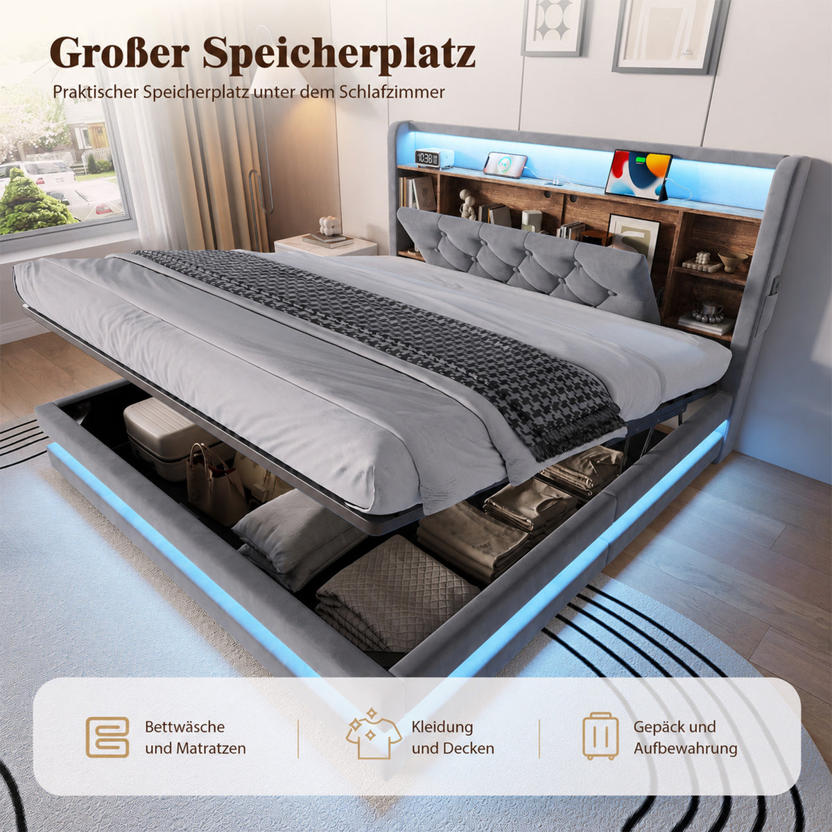 Upholstered Bed 140x200cm with Storage & LED, Velvet Dark Gray