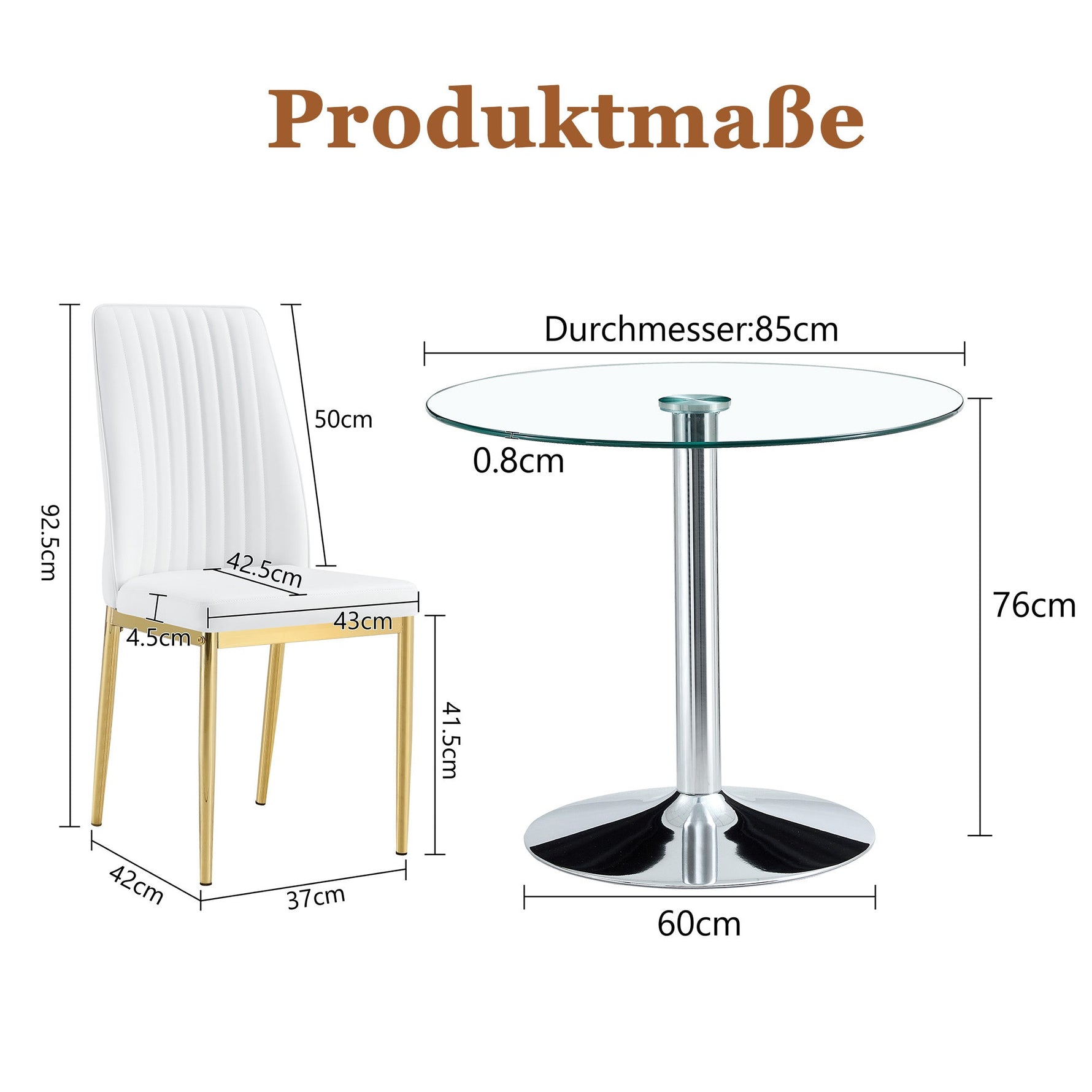 Dining Table Set, Minimalist 85cm Glass Table & 4 Chairs, White Faux Leather