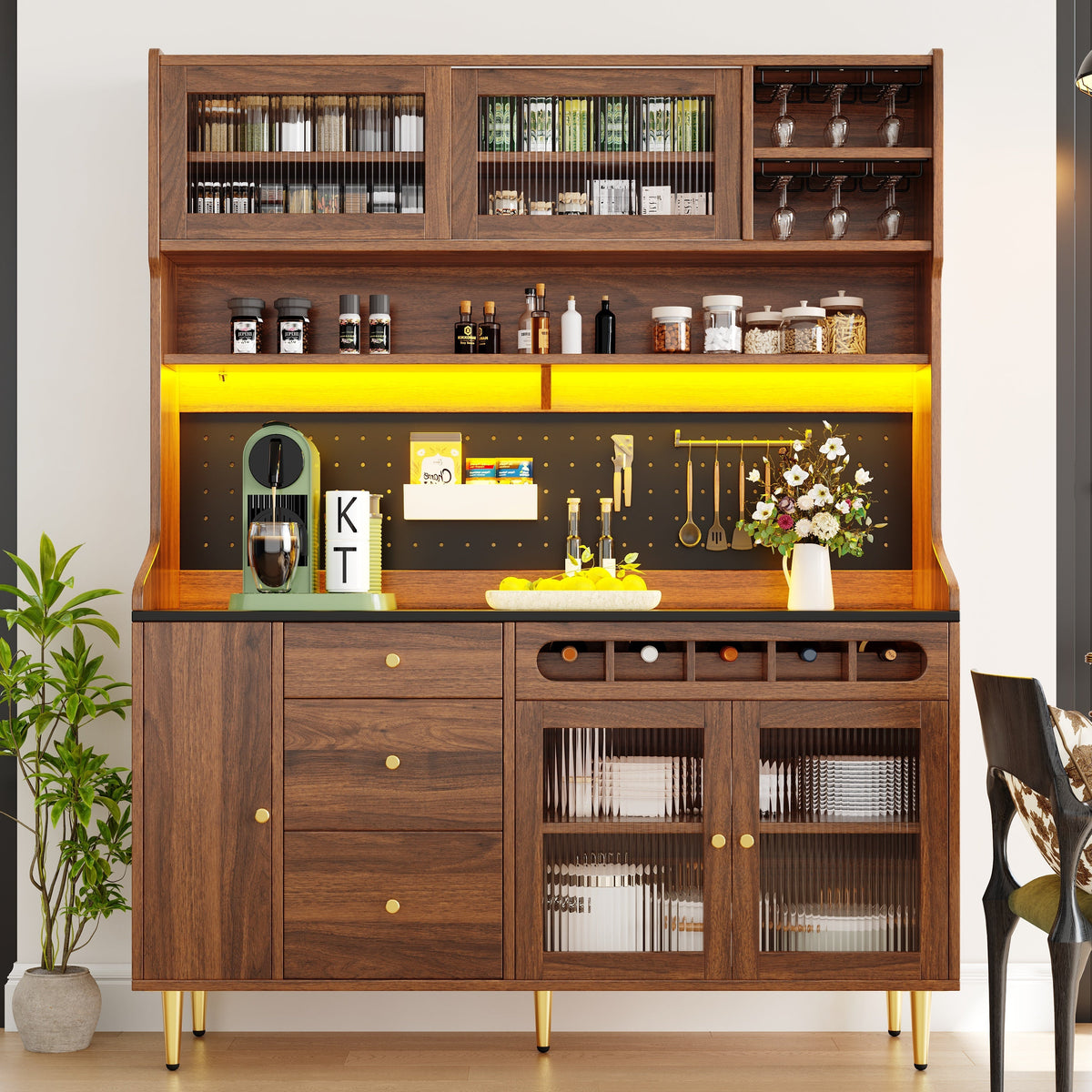 Tall Cabinet LED Lighting Wine Rack Adjustable Shelves 145x39x171cm Walnut Color