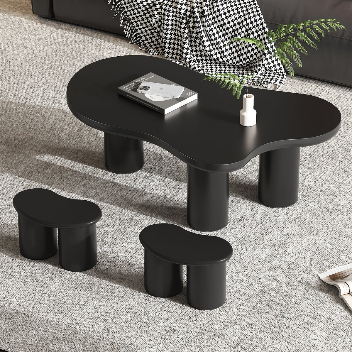 Irregular Bench Coffee Table, 2 Small Stools 16x42x24.5cm, Black