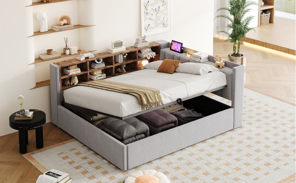 Upholstered Bed/Sofa Bed with Hydraulic Storage, USB Charging and Night Light, 140x200cm, Light Grey Velvet Fabric