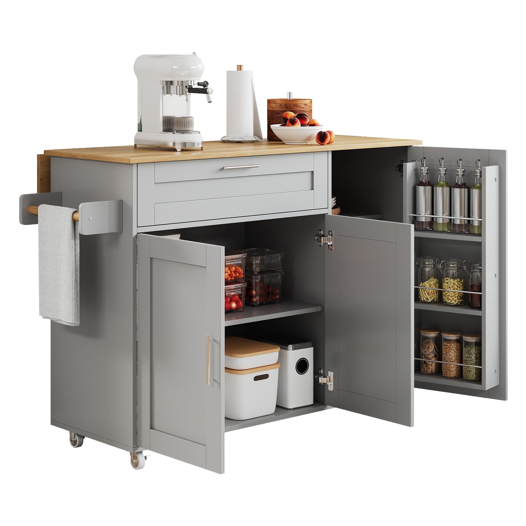 Mobile Kitchen Table Folding Top Storage Wheels - Oak Grain
