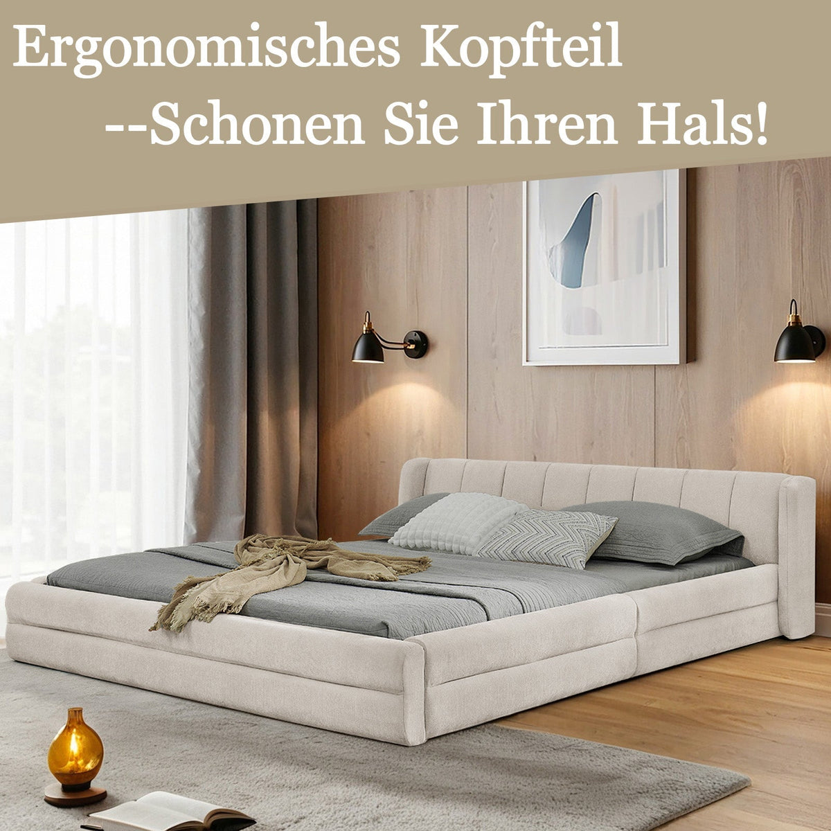 Double Bed 160x200cm Comfortable Backrest Sturdy Frame Easy Assemble Beige Chenille