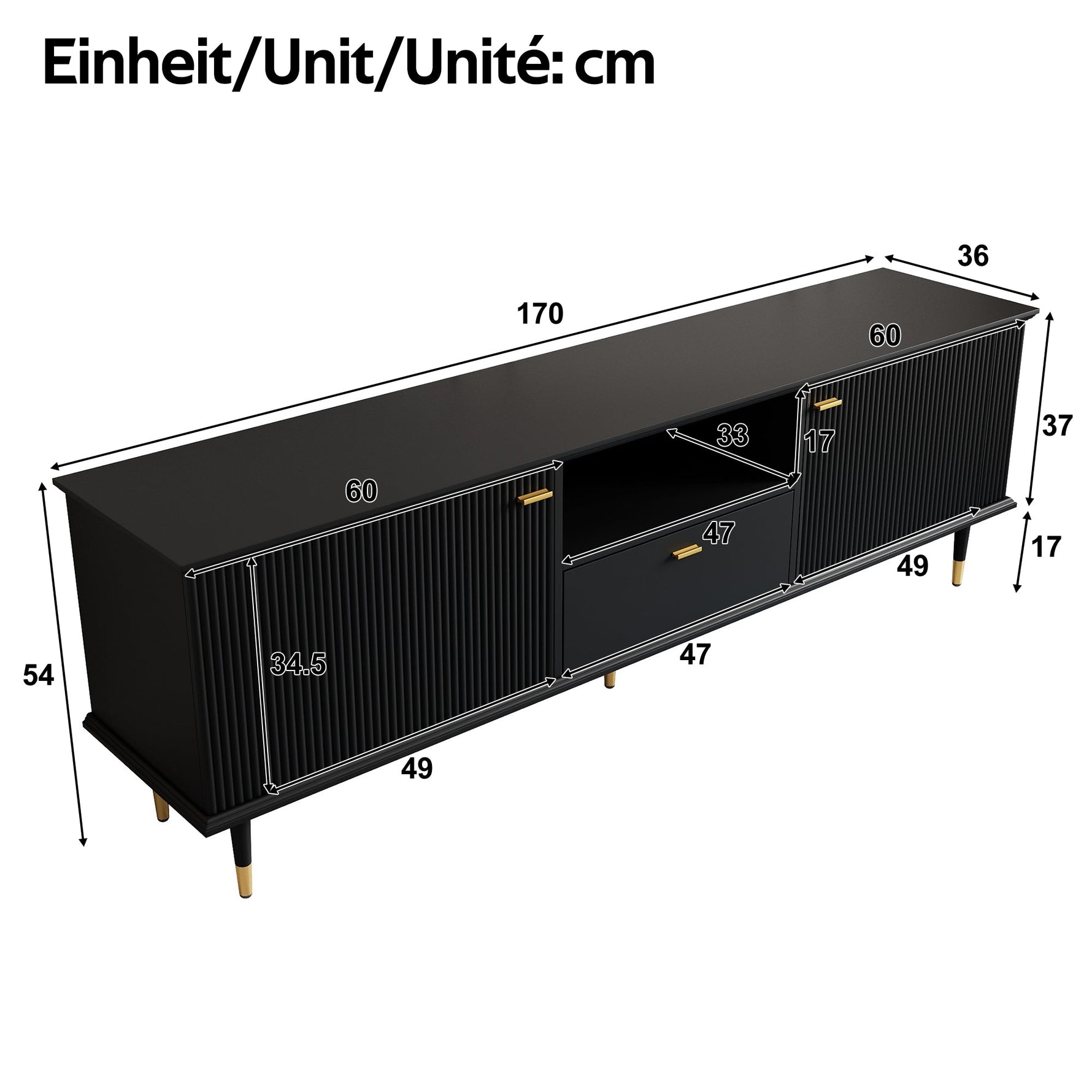 TV Cabinet with Open Compartments, Drawers and Soft-Close Hinges, Lacquered Textured Surface