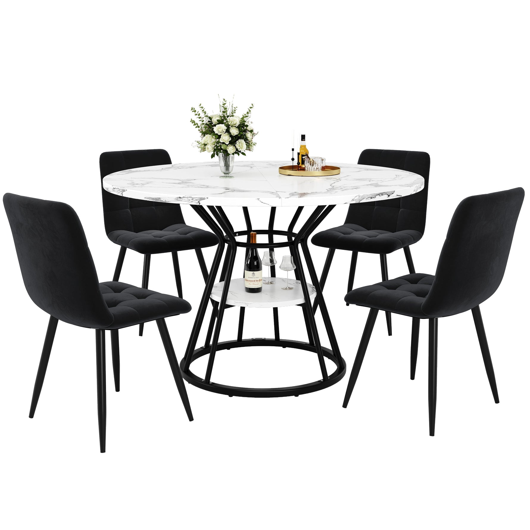 5-Piece Round Dining Table Set with 4 Velvet Chairs and Marble Top, Black