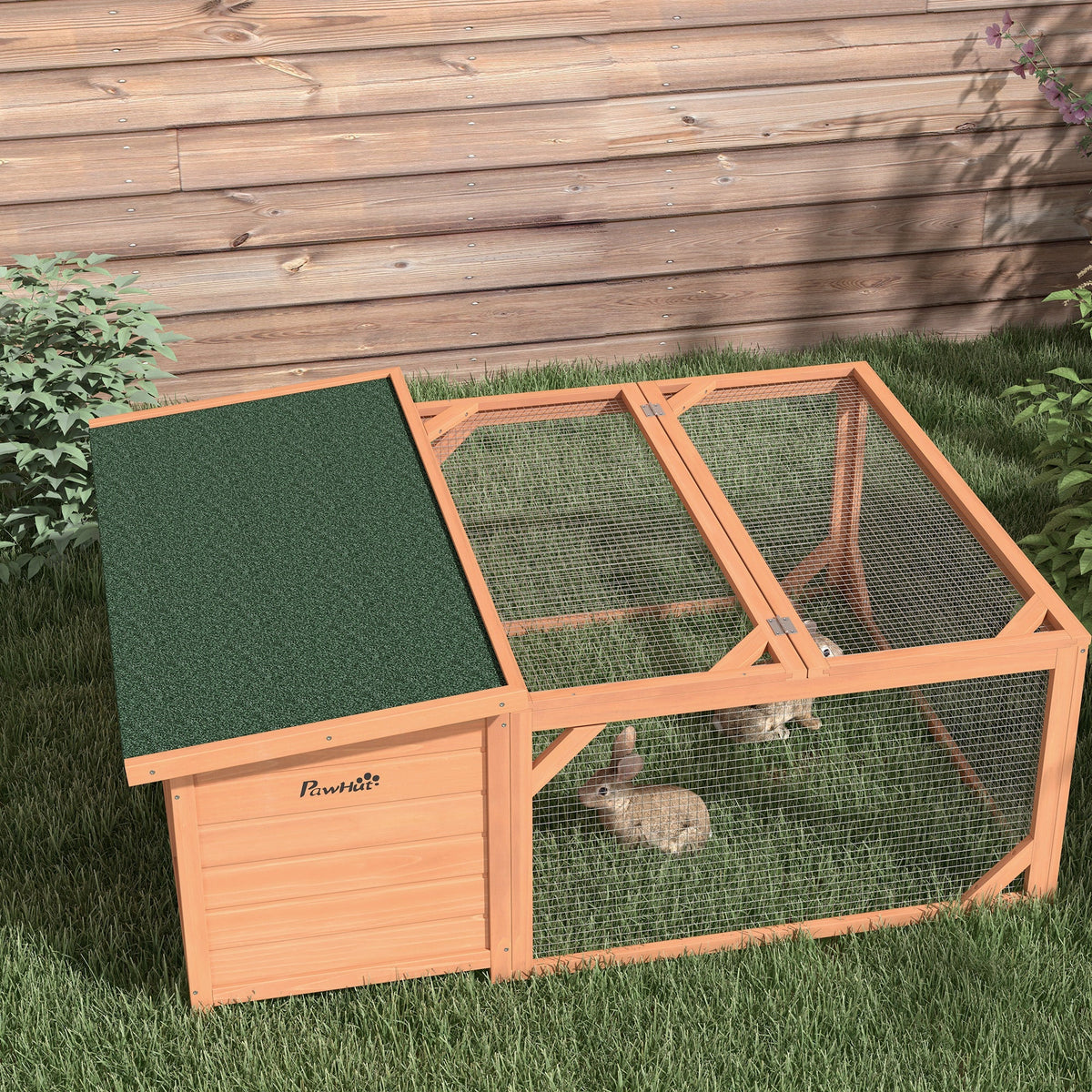 Small Animal Hutch, Dwarf Rabbit Hutch with Asphalt Roof, Fir Wood Orange and Green