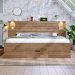 Wooden Double Bed with LED Downlights, USB-C, Floating Bedside Tables and Drawers, 180x200cm, Oak Look