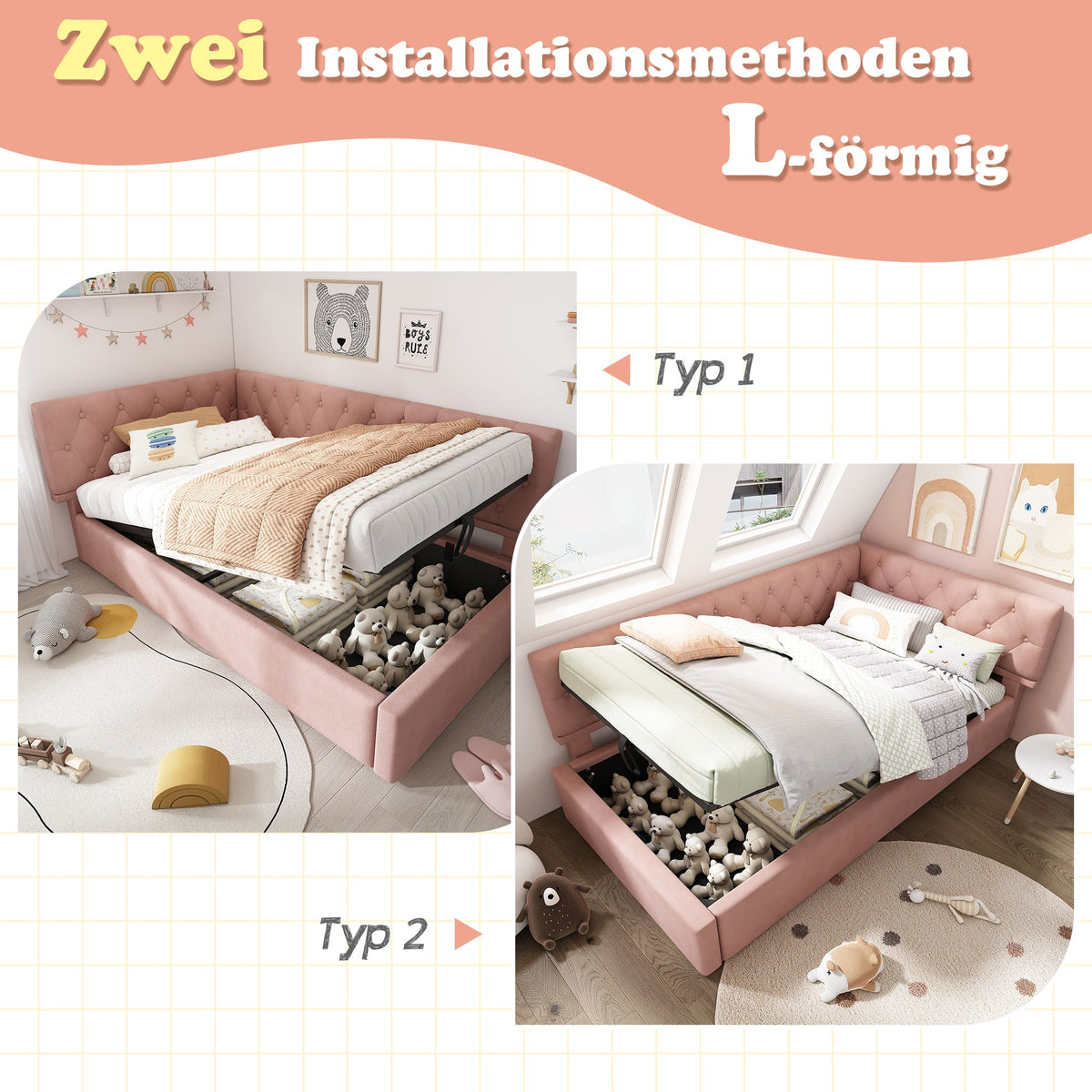 Upholstered Daybed, 90x190cm Sofa Bed with Hydraulic Storage, Velvet Pink