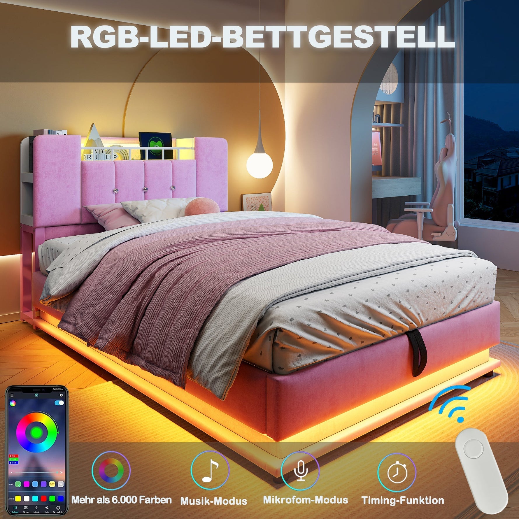 Smart Upholstered Bed for Children with LED, USB, and Hydraulic Storage, Pink Velvet