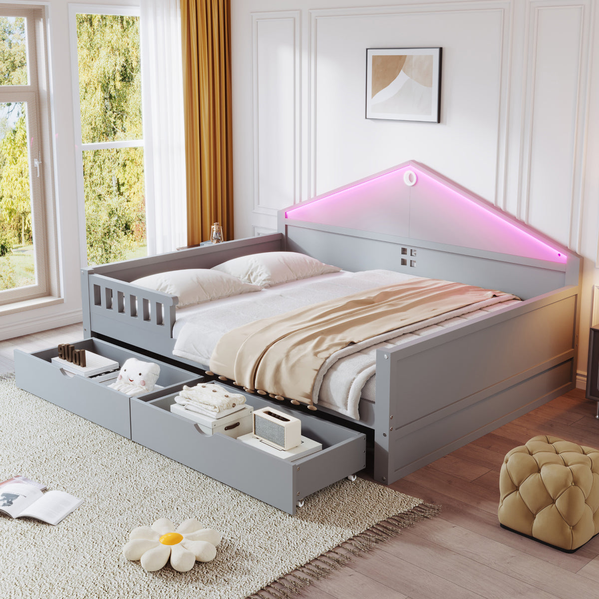 Children's Bed 140x200cm with Light Strip & Drawers, Grey