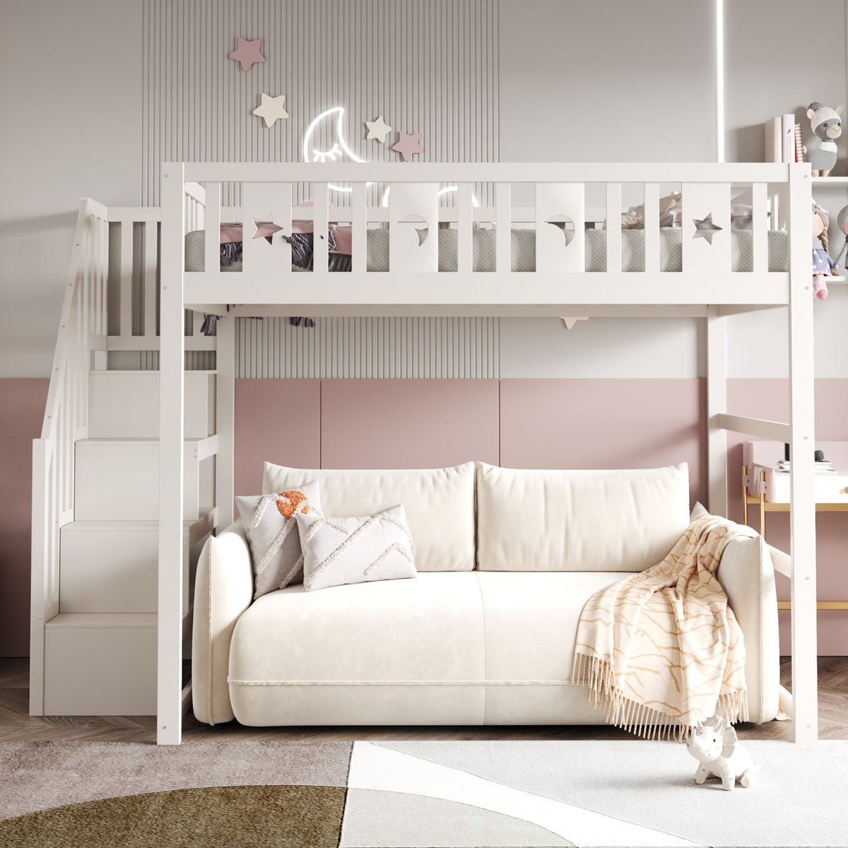 Children's Bunk Bed 140x200 Stairs Safety Railing, Solid Wood White