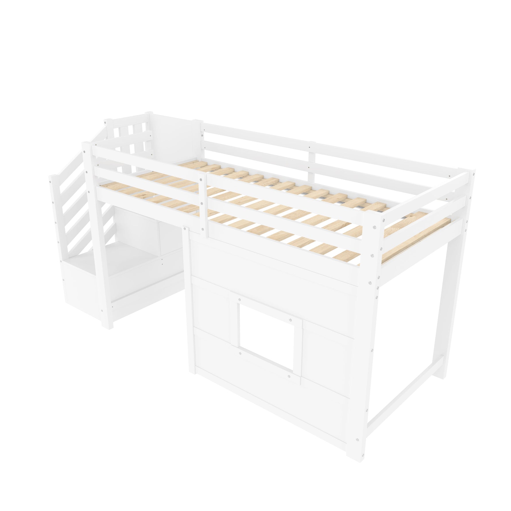 Loft Bed with Storage Stairs and Window, 90x200cm, White Pine Wood + MDF