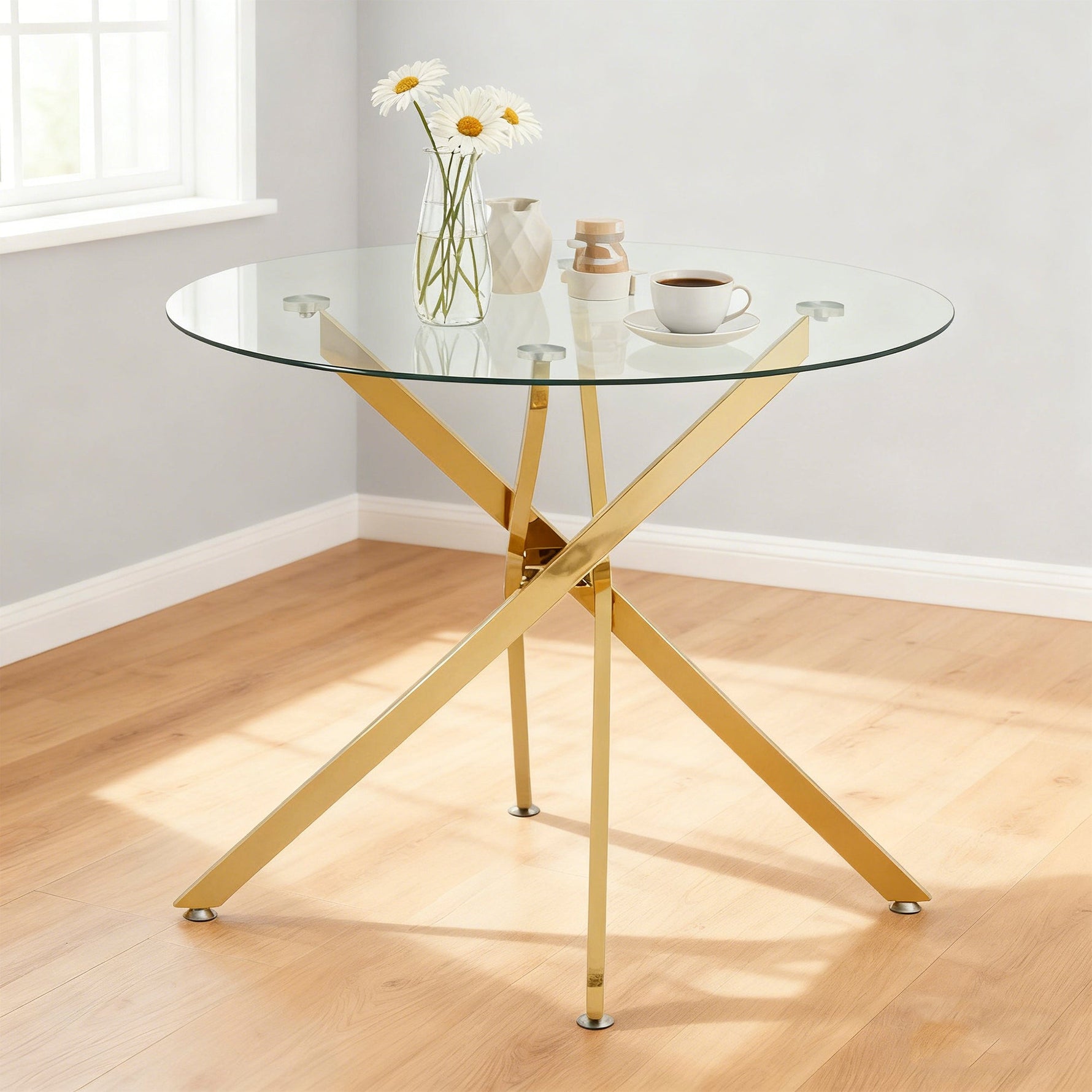 Dining Table Round Tempered Glass Top Gold Legs 80x80x76cm