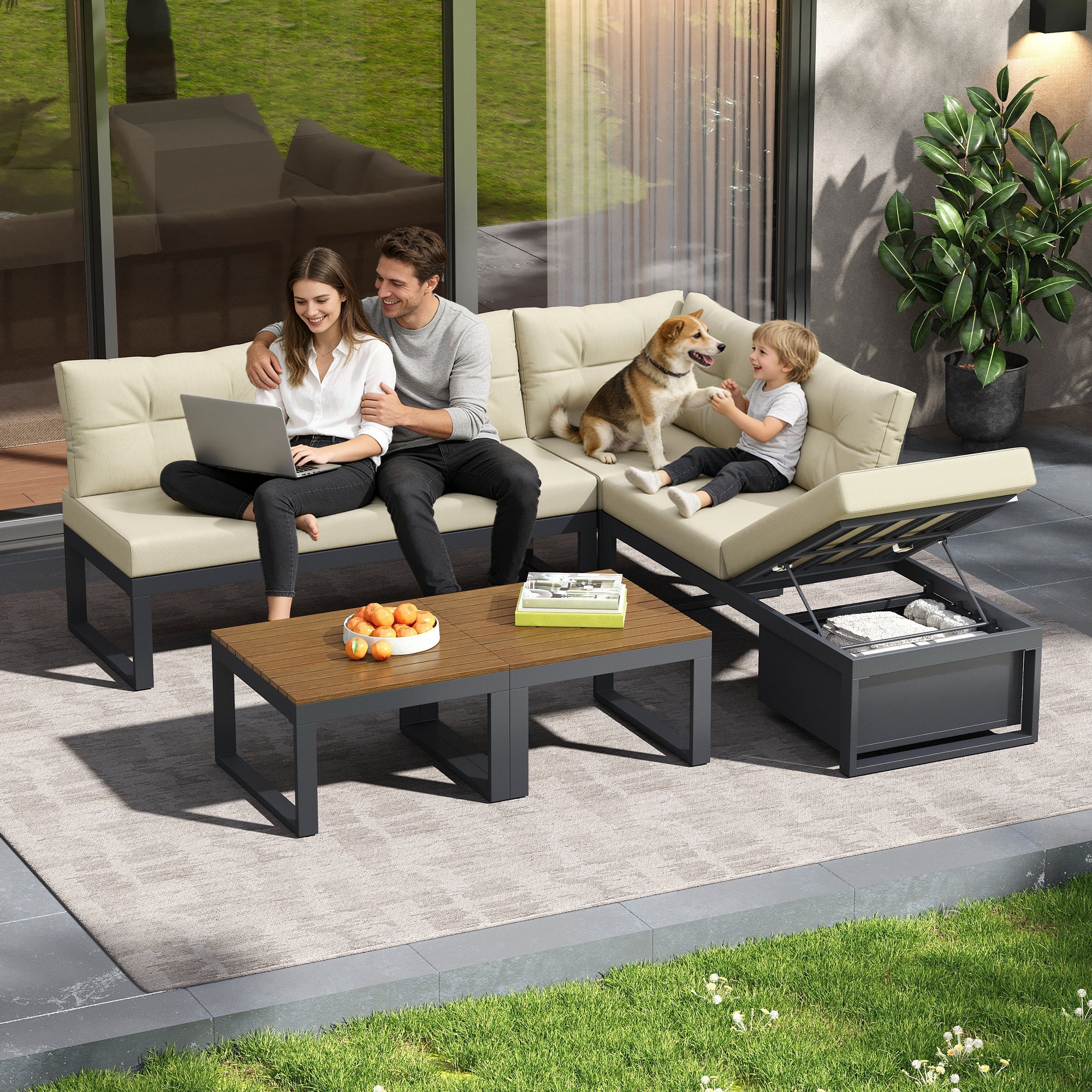 Garden Furniture Set with 3-Position Adjustable Reclining Backrest, Comfort Cushions and Storage, Beige