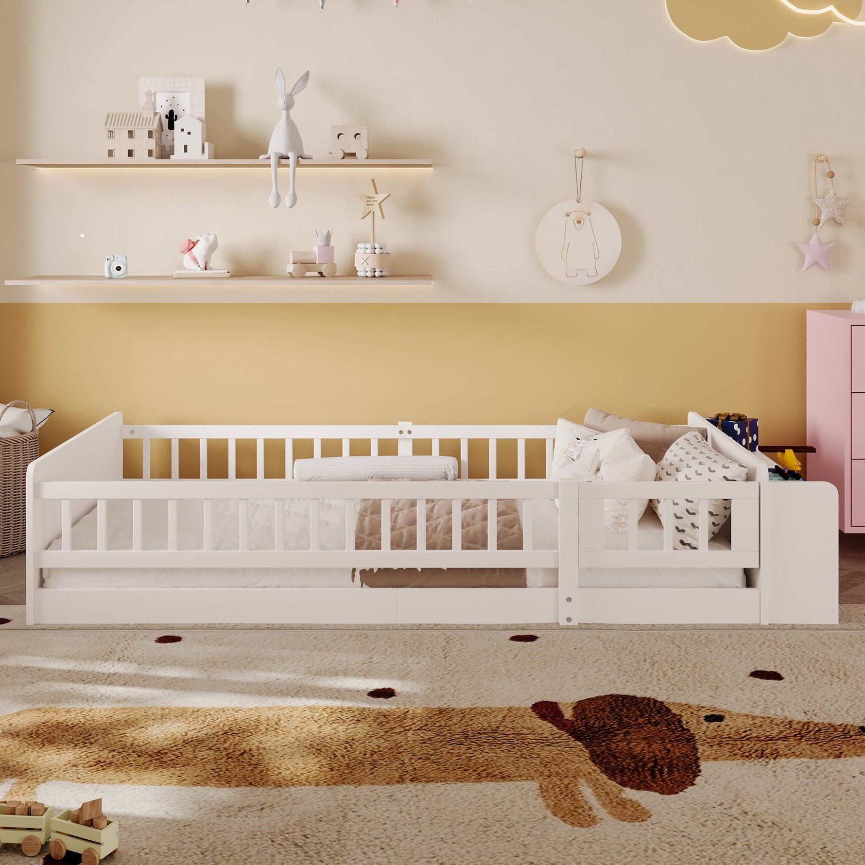 Wooden Children's Bed 90x200cm Open Storage Shelves and Case White Pine Wood