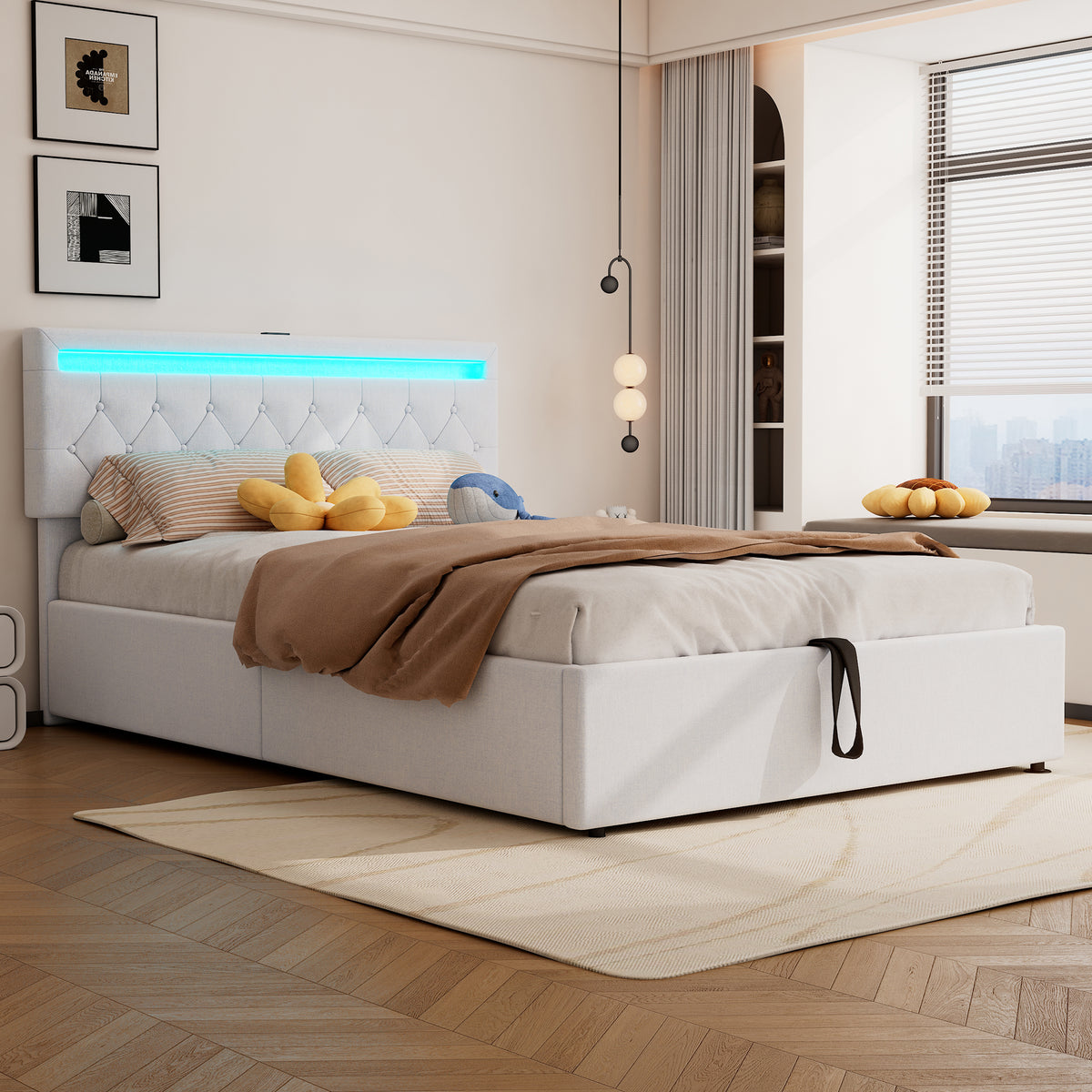 Upholstered Flat Bed 140x200cm with Storage & USB - White